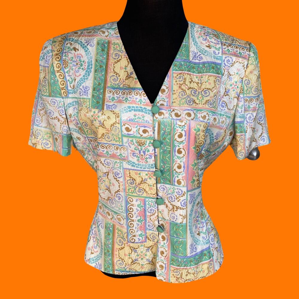80's 90's vintage paisley floral 100% silk blouse Size 8 adrianna papell